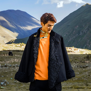 黑色毛呢外套2021年新款秋冬加绒藏式藏族服装男藏装民族上衣衬衣