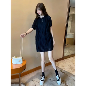 韩国chic法式复古圆领褶皱连衣裙2024夏季新款设计感收腰显瘦中裙