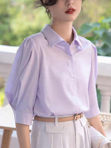 法式紫色短袖衬衫女2024夏季新款设计感小众衬衣职业通勤显瘦上衣