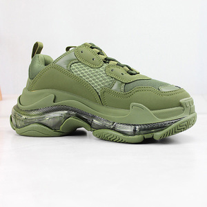 欧洲站运动休闲鞋男厚底增高网纱透气圆头时尚巴黎老爹鞋女军绿色