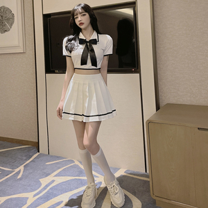 爵士性感露脐上衣女夏季学院风高腰a字半j身裙百褶短裙jk制服套装