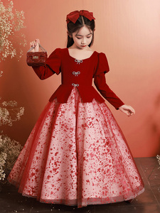 女童红色晚礼服儿童生日公主裙花童婚纱女孩主持人钢琴长袖演出服