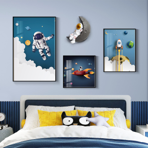 儿童房装饰画现代轻奢宇航员太空组合挂画男孩卧室床头背景墙壁画