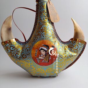 蒙古真羊角装饰皮囊酒壶 奶酒烫金工艺包邮蒙古酒皮囊奶酒壶