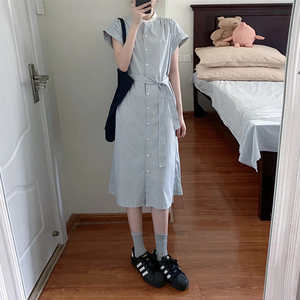 日系条纹短袖衬衫连衣裙女2024新款夏季小众设计收腰气质中长裙子