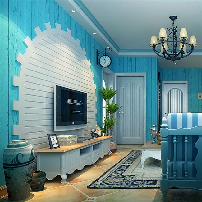 蓝色地中海风格木纹壁纸无纺布复古怀旧客厅电视背景墙竖条纹墙纸