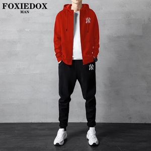 FOXIEDOX品牌跑步运动服套装男春秋季休闲全棉开衫连帽卫衣两件套