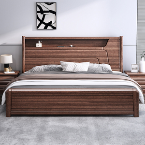 胡桃木实木床1.8米主卧现代简约2米x2.2米双人床中式高箱储物大床
