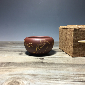 宜兴名家石丁般若紫砂主人杯子原矿老紫泥底槽清刻绘达摩罗汉梵文