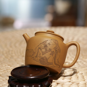 宜兴工艺美术师张重庆陶刻绘人物男女士小品容量泡茶紫砂壶德钟中