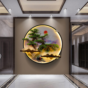 新中式迎客松入户玄关装饰画客厅沙发背景墙挂件简约圆形发光壁饰