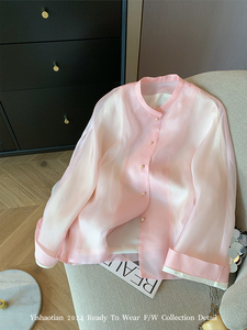 粉色新中式立领网纱衬衫外套女春秋季2024设计感宽松甜美气质衬衣