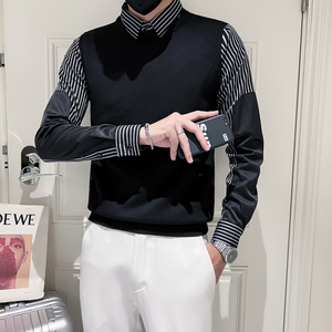 男士假两件套毛衣配衬衫长袖春秋外穿针织衫痞帅潮牌拼接条纹衬衣