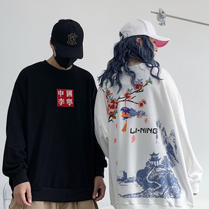 中国李宁富士山樱花圆领卫衣男女纯棉宽松印花情侣百搭长袖套头衫