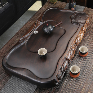 茶盘实木家用整块黑檀木平板排水式茶海功夫茶具茶台托盘干泡大号