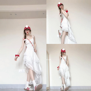白色蕾丝吊带连衣裙女夏季2024新款设计感不规则斜摆收腰仙气长裙