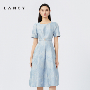 LANCY/朗姿夏季重工高级提花小方领收腰连衣裙中长款宴会裙子女