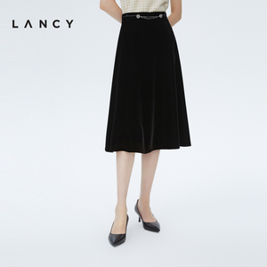 LANCY/朗姿秋季新款丝绒黑色半身裙高腰显瘦通勤高级感复古裙子女