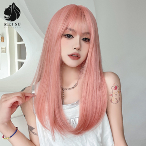 美宿粉色假发女长发lolita洛丽塔日常造型中长发夏季自然全头套式