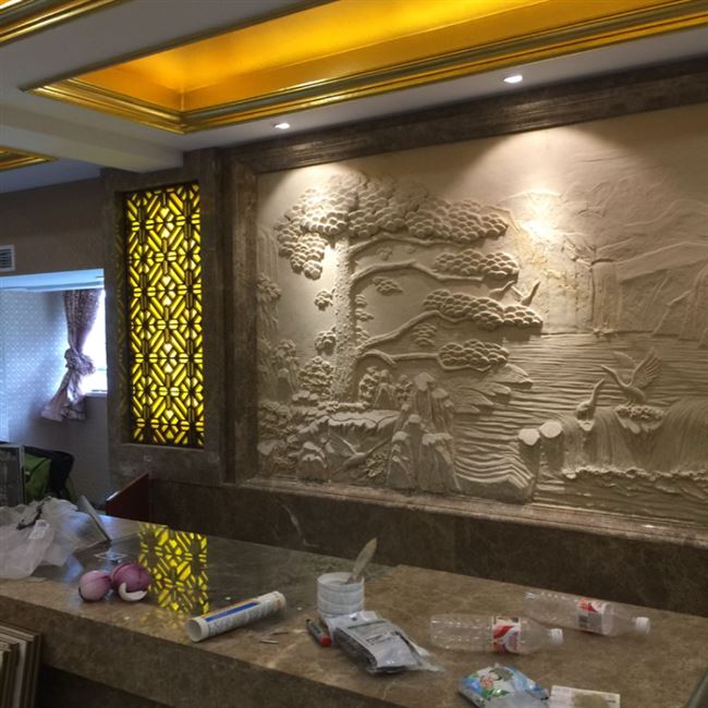 壁画山水沙岩人造砂岩浮雕背景墙石雕定制玻璃钢沙雕雕塑松鹤图