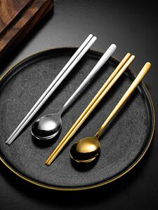 韩式筷子实心扁筷304不锈钢方形防滑套装筷子勺子韩国烤肉店餐具