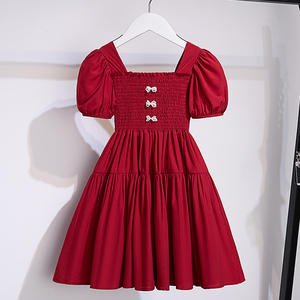 女童红色连衣裙夏季新款2024洋气时髦小女孩网红炸街款雪纺公主裙