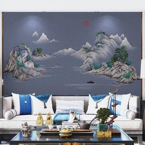 新款独绣墙布刺绣电视背景墙新中式轻奢日出东q山客厅独秀2021