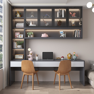 双人电脑桌书架书柜书桌一体式现代轻奢卧室儿童书桌学习桌可定制