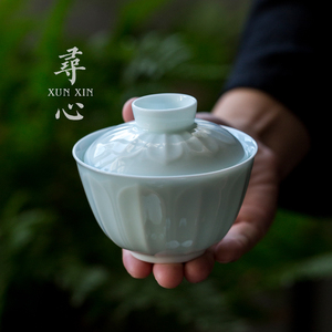 湖田窑影青釉手工雕刻二才盖碗茶杯单个家用大号陶瓷不烫手泡茶碗