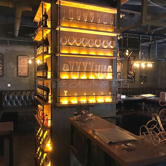 吧台展示隔断酒吧餐厅简约实木发光铁艺墙面柱子酒架装饰酒架酒柜
