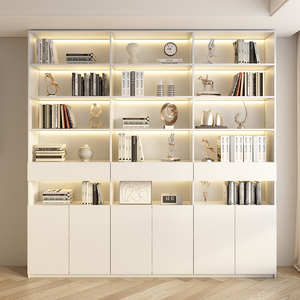 定制实木书房书柜一体整面墙到顶客厅奶油风展示柜满墙储物书橱