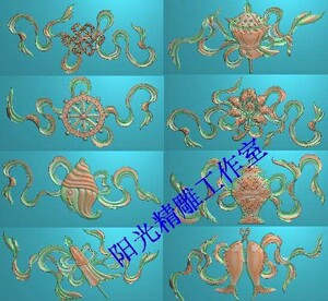 精雕图八吉祥 藏八宝 暗八仙 新款八宝暗八仙浮雕图雕刻图带线