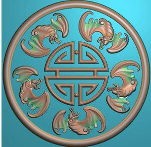 圆形蝙蝠寿字五福捧寿椅子背板圆盘后档精雕图浮雕灰度电脑雕刻图