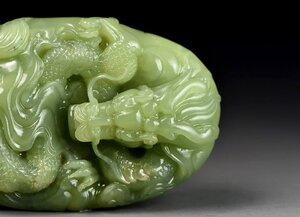 舒店精品寿山石摆件古董 月尾绿雕刻龙手把件  珠宝玉石收藏礼品