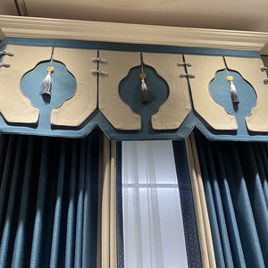 新新中式古帘客厅窗帘流苏坠双层典头立边蓝色拼接卧室家居布光.