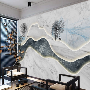 3d立体新中式墙纸现代大理石山峦山水画电视背景墙布大厅大堂壁纸