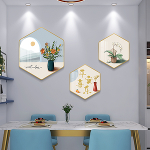 轻奢餐厅装饰画现代简约高级感高档饭厅背景墙壁画花卉六边形挂画
