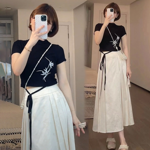 新中式女装套装夏季刺绣短袖上衣国风中长裙两件套裙装高级感显瘦
