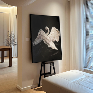 简约现代中古风高级感白天鹅手绘油画入户玄关装饰画客厅沙发挂画
