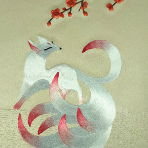 苏绣真丝刺绣双面团扇diy单面绣挂画绣片衣服布料包包z辅料九尾狐