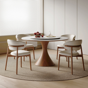 全实木圆桌家用中古风圆形饭桌岩板法式客厅白蜡木圆形餐桌椅组合