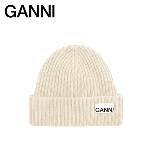 GANNI女士 logo款沙色圆顶保暖羊毛混纺毛线帽针织帽 A4429196