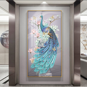 寓意好的进门玄关孔雀开屏装饰画竖版新中式入户生财走廊过道壁画