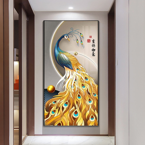 孔雀开屏玄关装饰画走廊过道尽头竖版轻奢寓意好的挂画镇宅壁画墙