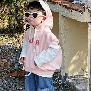男童秋季套装儿童韩版帅气套头无袖卫衣宝宝时尚粉色马甲两件套潮