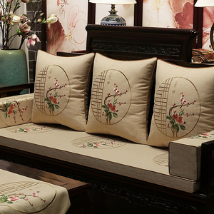 红木沙发坐垫套中式实木家具座垫带靠背亚麻花卉刺绣防滑椅垫定做