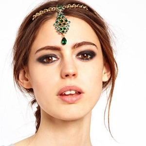 印度风饰品印度公主额饰眉心坠古典绿色镶钻链夸张发带发饰女