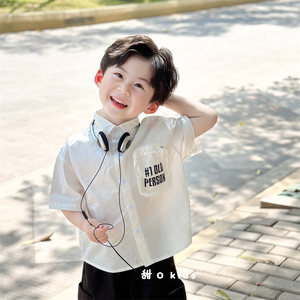 甜O kids儿童夏季帅气短袖衬衫韩版男童字母印花口袋立体上衣