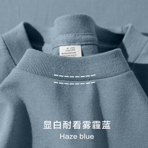美式雾霾蓝!230g纯棉浅蓝色长袖t恤男宽松圆领情侣休闲打底衫女