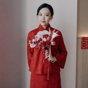中国风改良旗袍敬酒服2024春夏新款长袖订婚套装红色回门礼服裙女
